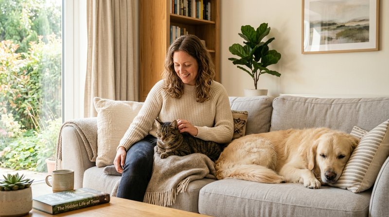 Una mujer sentada en el sofá acariciando a un gato tranquilo sobre su regazo mientras un perro descansa relajado a su la