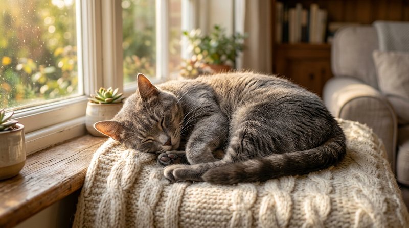 Un gato gris durmiendo plácidamente hecho un ovillo sobre una manta doblada junto a una ventana soleada, postura serena