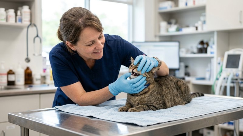 Una veterinaria revisando con delicadeza la boca de un gato tranquilo sobre la mesa de la consulta, guantes limpios y ge