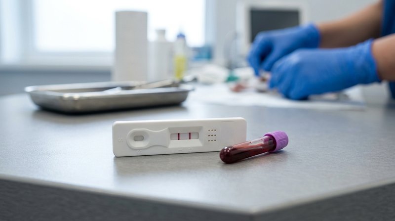 Un test rápido veterinario y un pequeño tubo de muestra de sangre apoyados sobre la mesa de una consulta, manos con guan