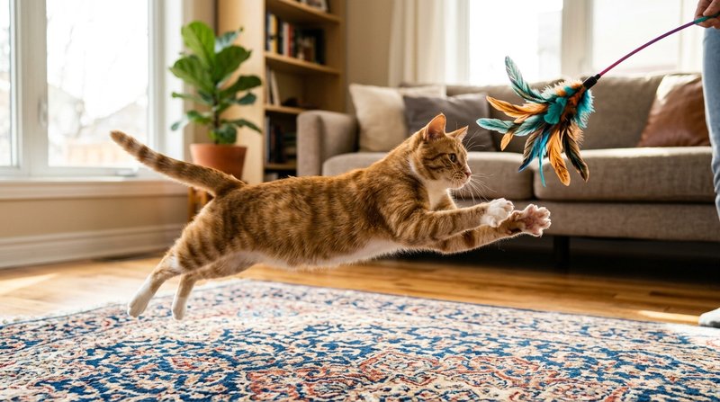 Un gato sano y lleno de energía saltando para atrapar un juguete de plumas sobre una alfombra, movimiento dinámico, saló
