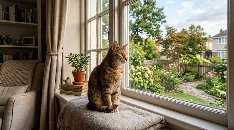 Un gato sentado en el alféizar de una ventana cerrada mirando con calma el exterior, hogar tranquilo y ordenado, luz sua