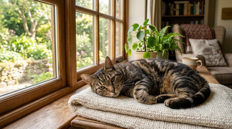 Un gato adulto atigrado de aspecto sano y relajado descansando sobre una manta clara junto a la ventana de un salón hoga