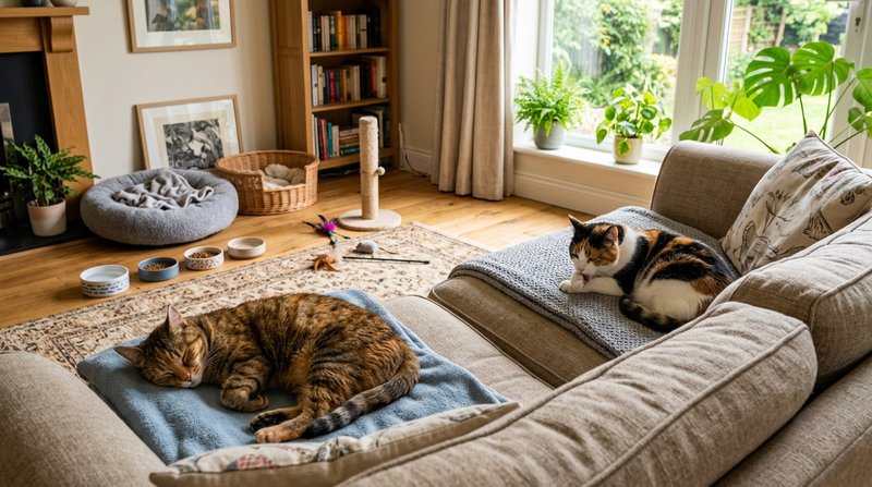 Dos gatos adultos de pelajes distintos compartiendo tranquilos el mismo sofá a poca distancia uno del otro, salón hogare