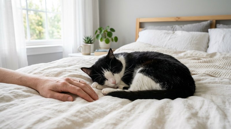 Un gato blanco y negro durmiendo acurrucado sobre la cama junto a la mano de su dueña, dormitorio luminoso y ordenado co