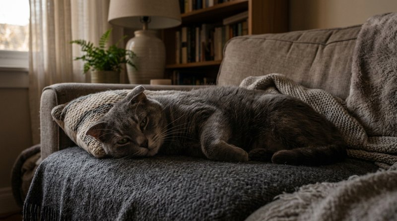 Un gato adulto gris tumbado en el sofá con las orejas algo bajas y la mirada cansada pero entero, salón hogareño en penu