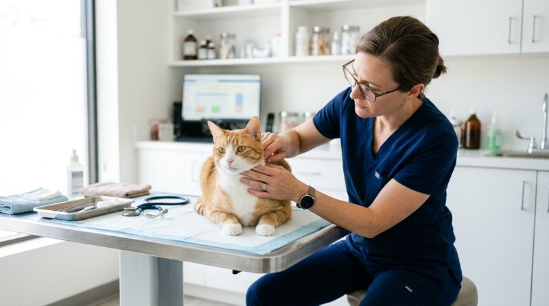 Una veterinaria palpando con los dedos los ganglios del cuello de un gato tranquilo sobre la mesa de exploración de una