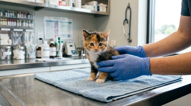 Un gatito de pocas semanas sentado sobre la mesa de exploración de una clínica veterinaria mientras unas manos con guant