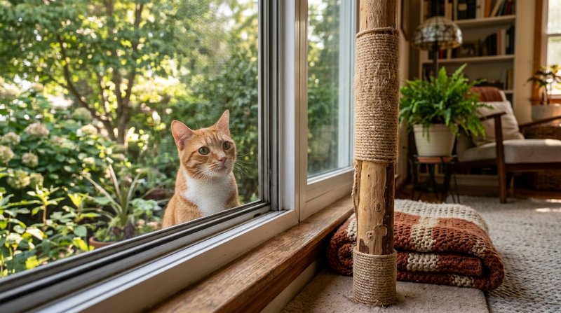 Un gato adulto naranja asomado desde el interior de un salón acogedor a una ventana protegida con malla, con un rascador