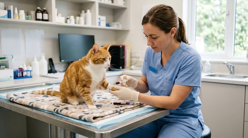Una auxiliar veterinaria sujetando con suavidad la pata delantera de un gato tranquilo para tomarle una pequeña muestra