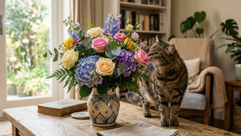 Un gato atigrado olfateando con curiosidad un ramo de flores de colores dentro de un jarron sobre una mesa de salon, luz