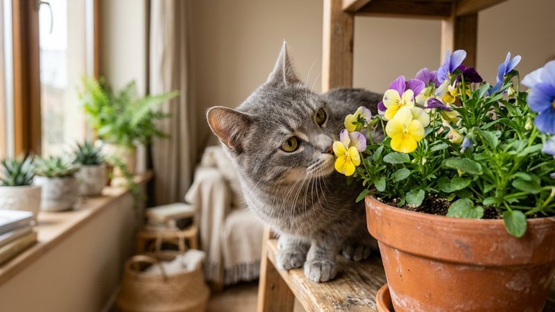 Un gato gris investigando de cerca los petalos de unas flores en una maceta, expresion atenta y curiosa, salon luminoso