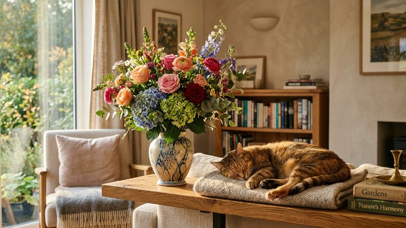 Un arreglo floral variado y colorido en un jarron elegante sobre una repisa, con un gato relajado descansando cerca, sal