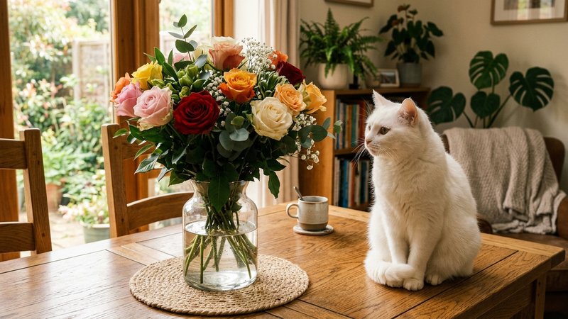Un ramo de rosas de varios colores en un jarron de vidrio sobre una mesa de madera, con un gato blanco mirandolo tranqui