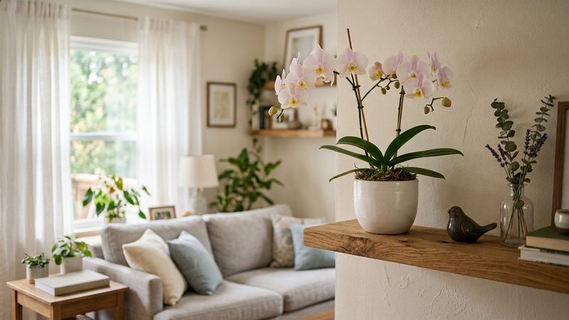 Una orquidea en flor dentro de una maceta blanca sobre una repisa alta de un salon, colores suaves y elegantes, luz natu