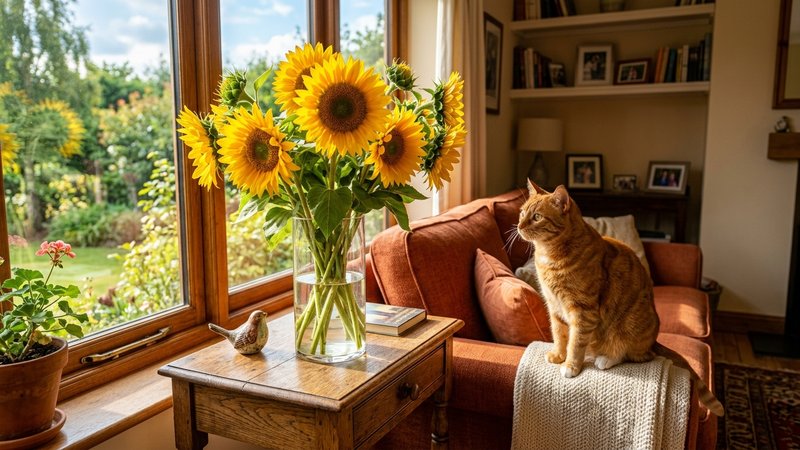 Un ramo de girasoles grandes y luminosos en un jarron alto junto a una ventana, con un gato naranja observandolos desde
