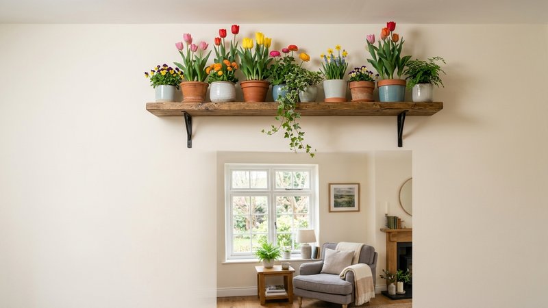 Varias macetas con tulipanes y otras plantas de colores colocadas en una estanteria alta y fuera del alcance, salon hoga
