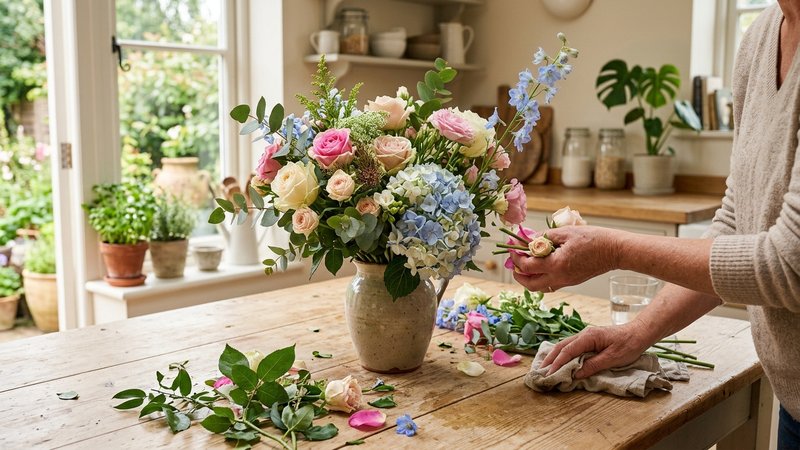Unas manos armando un ramo de flores sobre una mesa y retirando hojas verdes sueltas, tallos y petalos alrededor, cocina