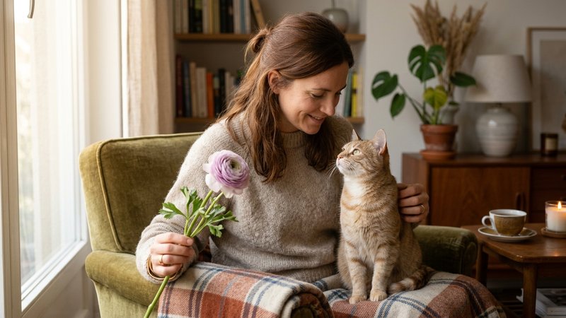 Una persona sosteniendo con cuidado una flor mientras revisa a su gato atento a su lado, gesto sereno y protector, salon
