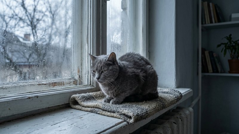 Un gato de pelo corto gris temblando ligeramente en una habitacion fresca junto a una ventana con vaho, expresion de fri