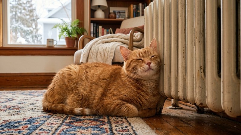 Un gato naranja pegado a un radiador buscando calor con los ojos entrecerrados, salon hogareño en invierno, luz calida d
