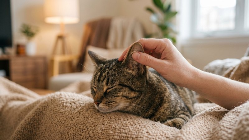 Unas manos suaves tocando con delicadeza las orejas de un gato atigrado para comprobar su temperatura, primer plano tier