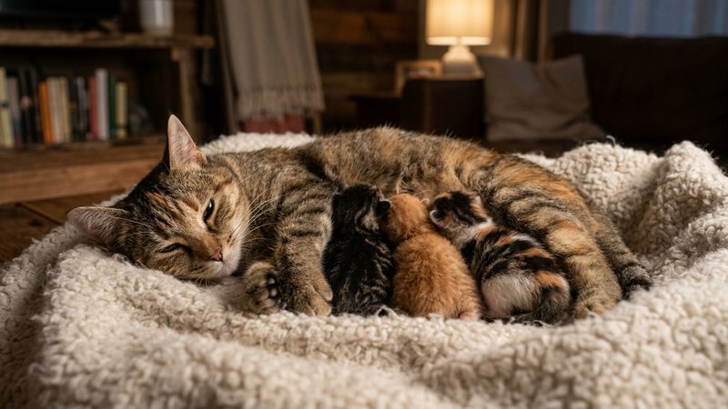 Una gata con sus gatitos recien nacidos acurrucados juntos sobre una manta mullida buscando el calor materno, ambiente h