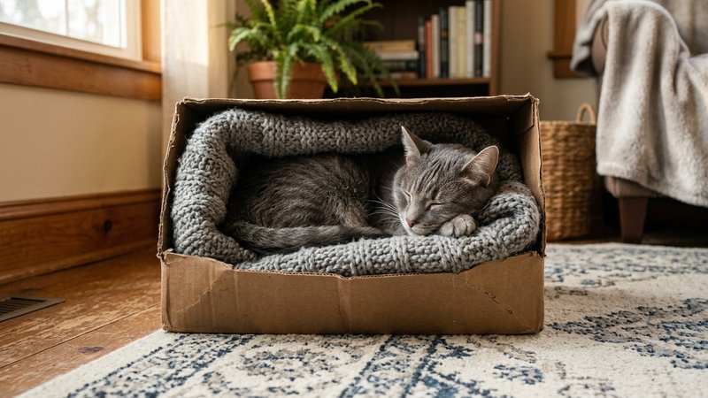 Un gato gris metido dentro de una caja acogedora con una manta doblada formando una cueva calida, rincon resguardado del