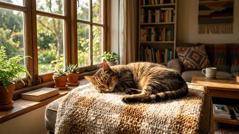 Un gato marron descansando sobre una mantita justo en un charco de luz solar que entra por la ventana, salon hogareño lu