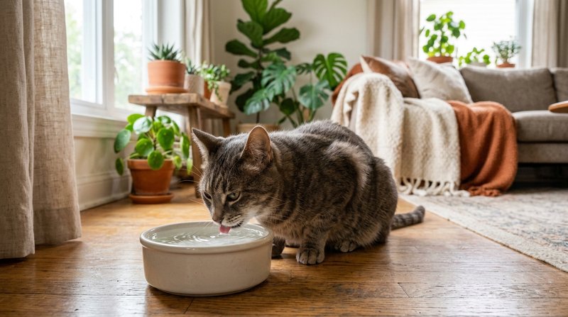 Un gato tranquilo bebiendo de un cuenco de agua fresca y limpia sobre el suelo de un salón luminoso, textiles y plantas