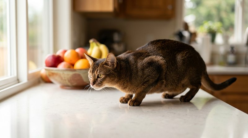 Un elegante gato de pelaje marrón en posición de cazador sobre una encimera de cocina luminosa, con varias frutas fresca