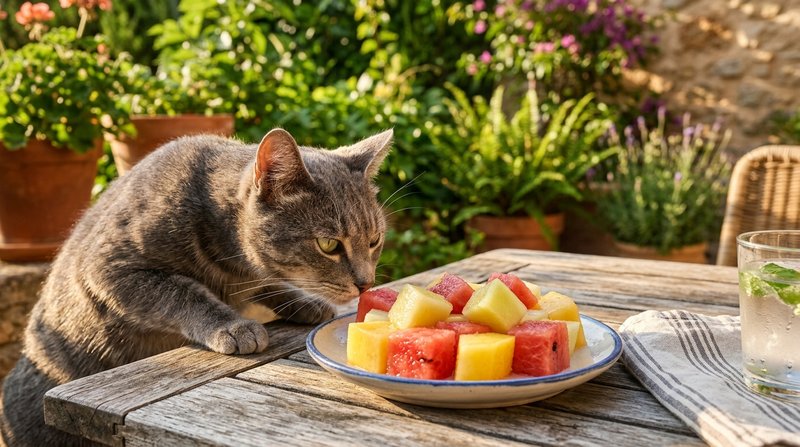 Un gato gris curioso olfateando unos daditos fríos de sandía y melón sobre un platito en una terraza soleada de verano,