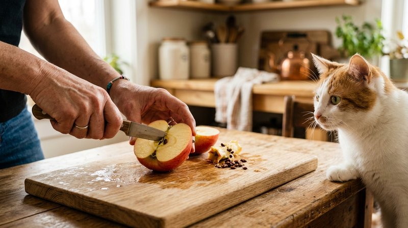 Unas manos retirando el corazón y las semillas de una manzana sobre una tabla de madera clara, con un gato blanco y nara