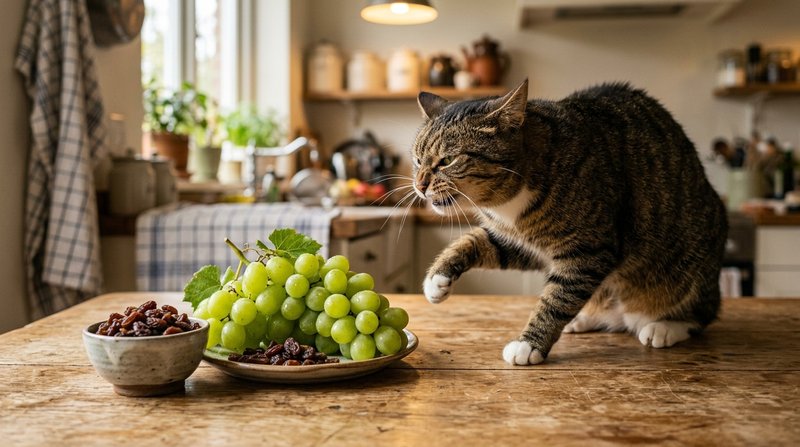 Un racimo de uvas verdes y unas pasas sobre una mesa de madera con un gato apartándose con gesto de rechazo, iluminación