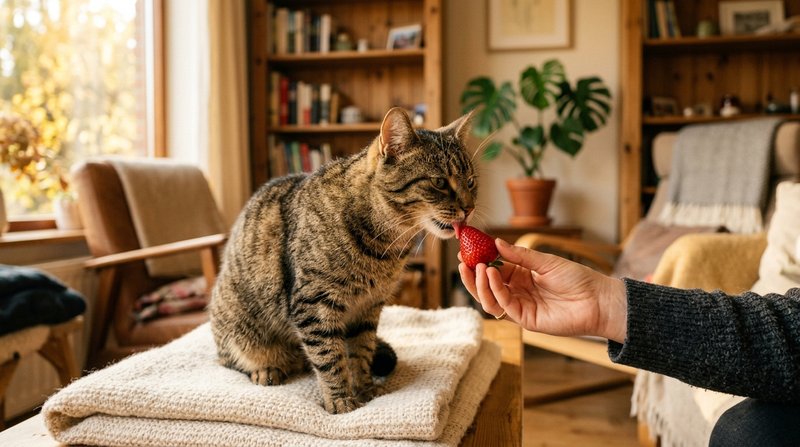 Un gato atigrado lamiendo con delicadeza una fresa madura que le acerca una mano en un salón cálido y luminoso, luz dora