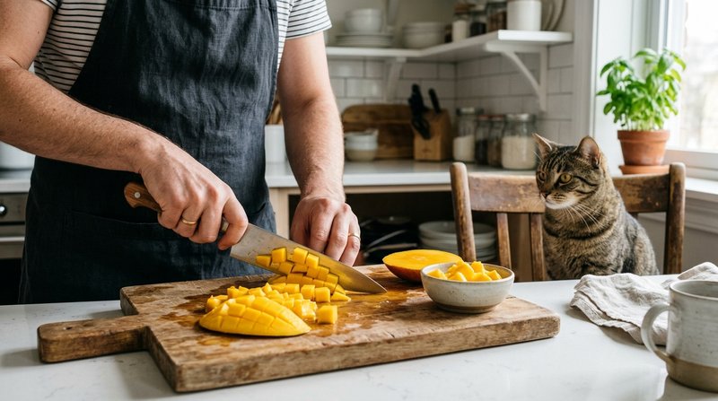 Unas manos cortando pulpa de fruta en pequeños daditos sobre una tabla de madera en una cocina ordenada, con un gato obs