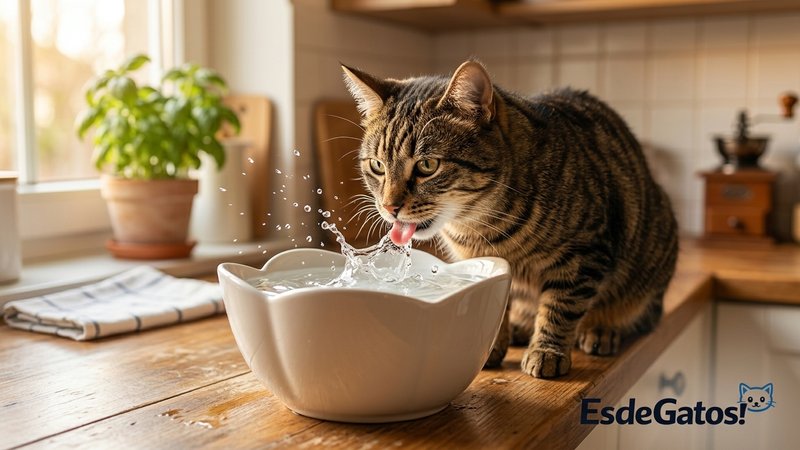 Un gato atigrado bebiendo con avidez de una moderna fuente de agua para gatos en una cocina luminosa y acogedora, con el