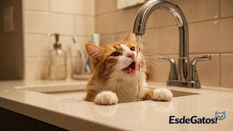 Un gato asomado al lavabo del baño bebiendo directamente del chorro del grifo, con el reflejo del agua en su pelaje y az