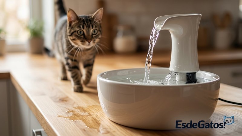 Una fuente para gatos con su bomba recirculando el agua sobre una encimera de madera clara, mostrando el flujo continuo