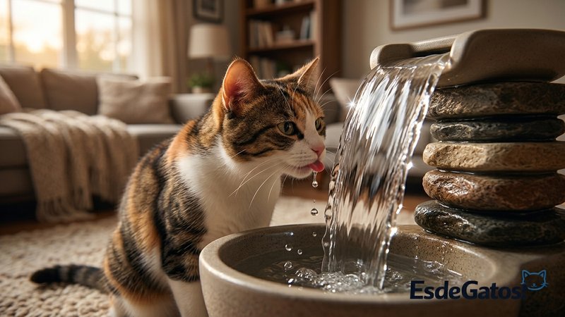 Un gato acercando la lengua al chorro de una fuente de cascada en un salón acogedor, con la lámina de agua cayendo y ref
