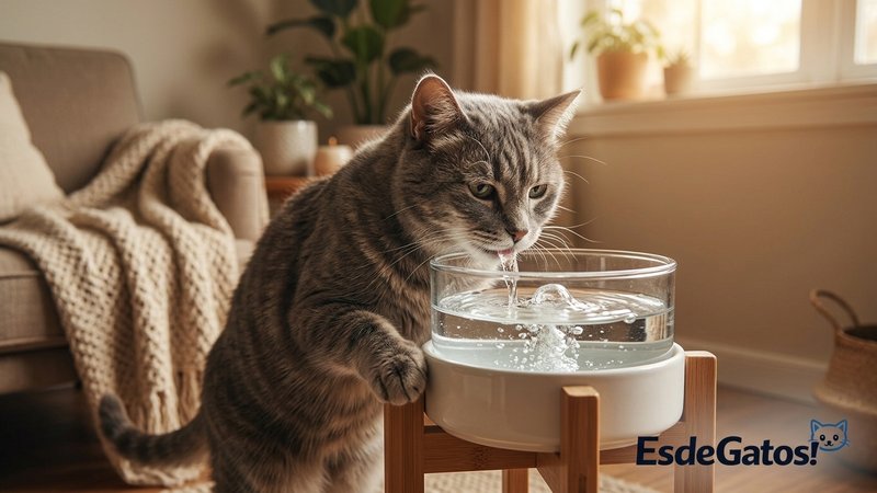 Un gato mayor de pelaje gris bebiendo cómodamente de una fuente elevada sin agacharse, en un rincón cálido del hogar con