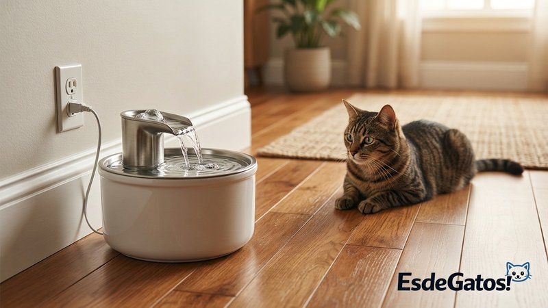 Una fuente para gatos enchufada junto al rodapié de un salón, con un gato observándola de reojo con calma sobre un suelo