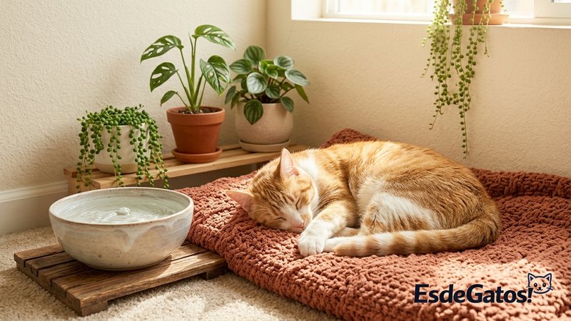 Un gato relajado tumbado junto a su fuente de agua en un rincón hogareño y luminoso, con una manta suave y plantas alred