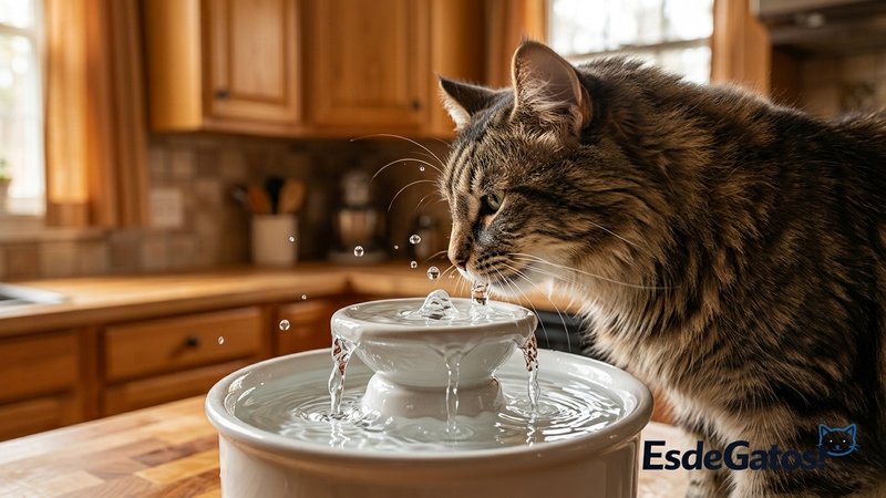 Un gato macho robusto bebiendo agua fresca y cristalina de una fuente en una cocina cálida, con gotas suspendidas y deta