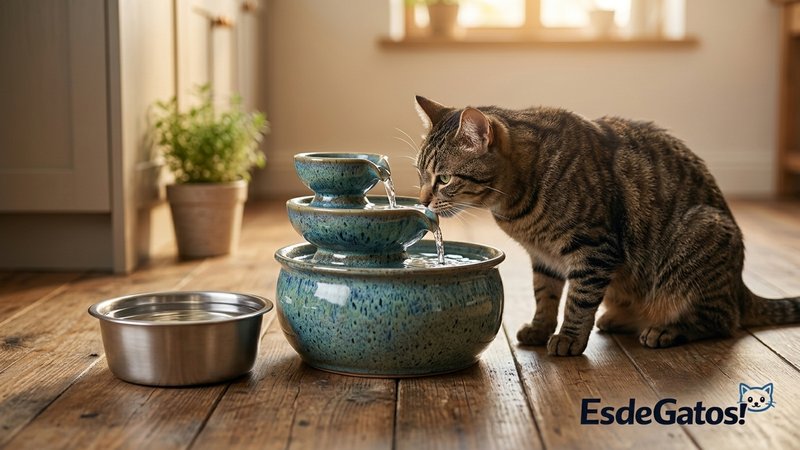 Una elegante fuente de cerámica para gatos junto a un cuenco de acero inoxidable sobre el suelo de una cocina, con un ga