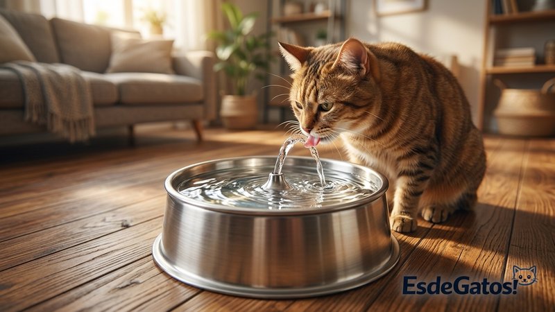 Una fuente de acero inoxidable para gatos recién limpia y reluciente sobre un suelo de madera, con un gato bebiendo agua