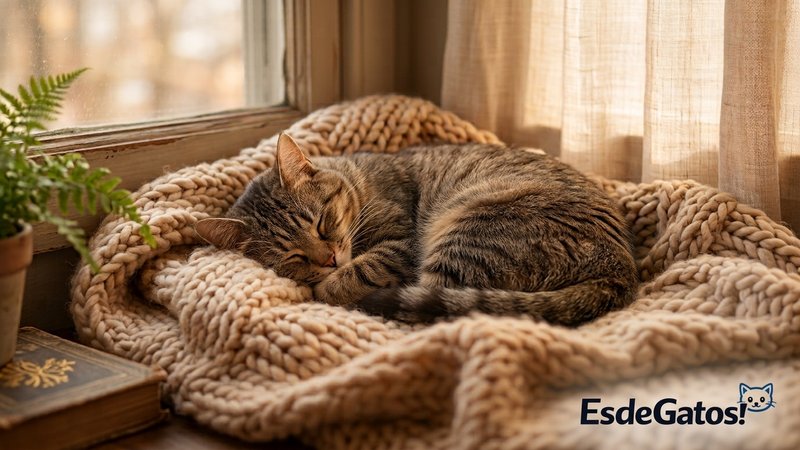 Una gata acurrucada a gusto sobre una manta cálida y mullida en un rincón tranquilo