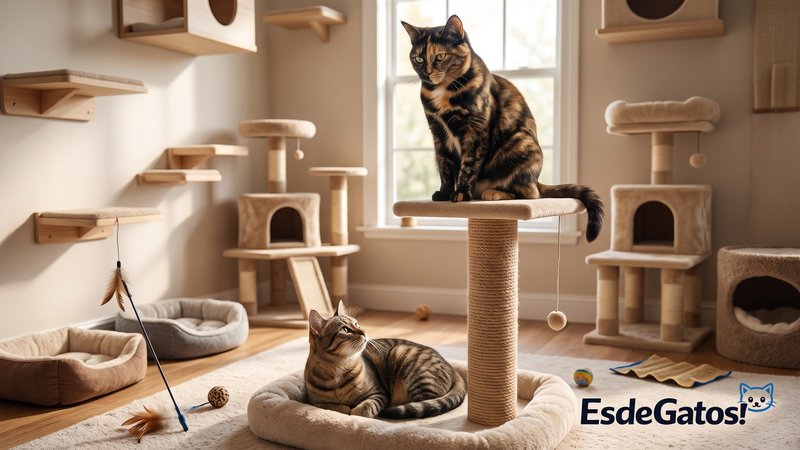 Una gata carey o calicó sentada con actitud segura en la parte alta de un rascador