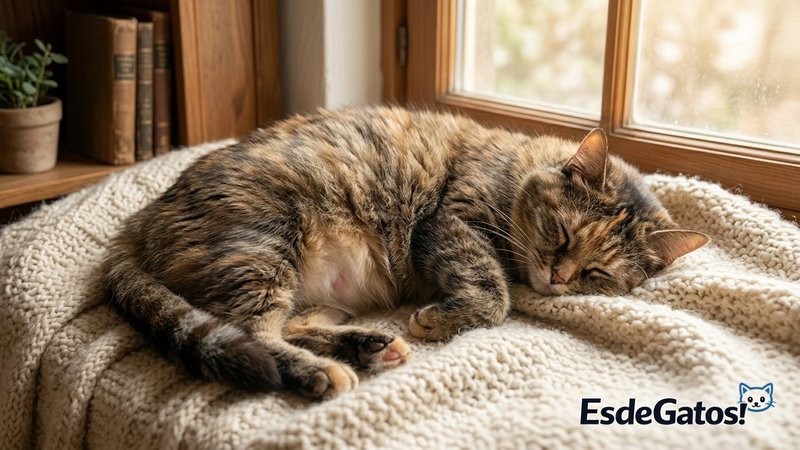 Una gata embarazada de barriga redondeada descansando plácidamente sobre una manta en un rincón tranquilo