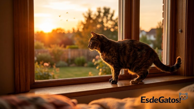 Una gata inquieta asomada a la ventana al atardecer, mirando el exterior